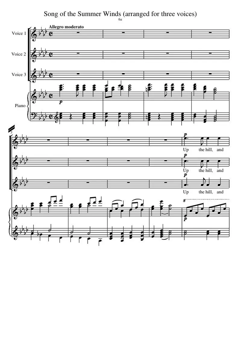 Первая страница нот «Песня of the Summer Winds (arranged for three voices)»