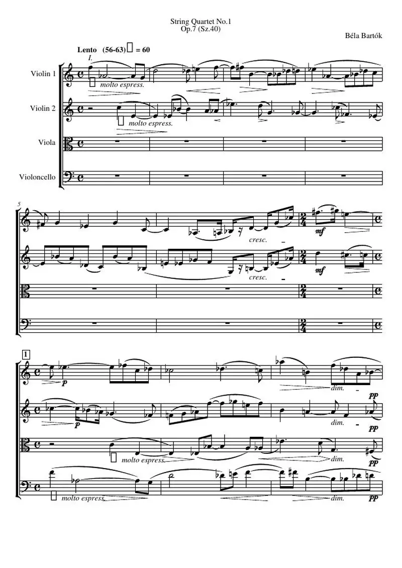 Первая страница нот «Струнный квартет №1, соч.7 (Sz.40)»