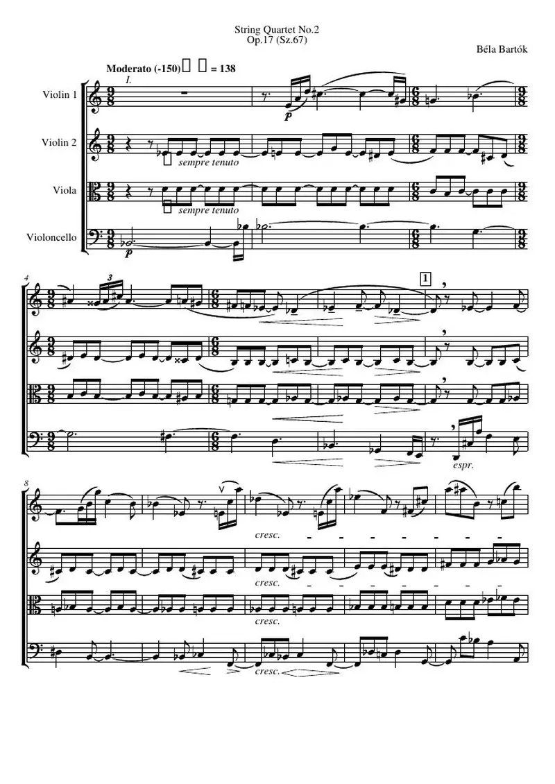 Первая страница нот «Струнный квартет №2, соч.17 (Sz.67)»