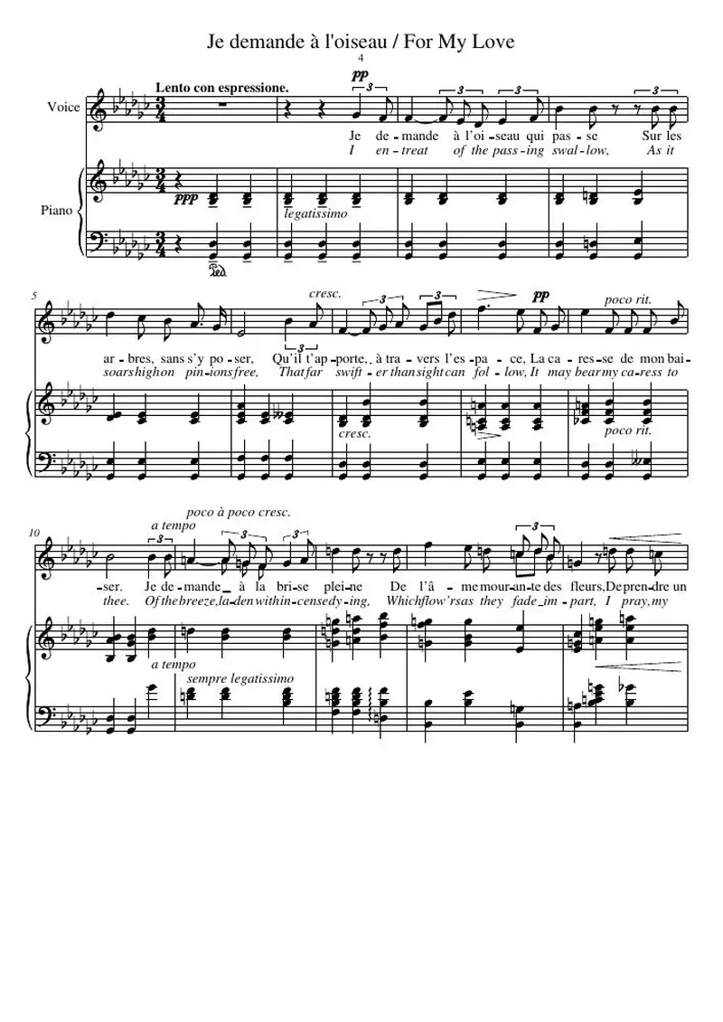 Первая страница нот «Je demande à l'oiseau / For My Love»