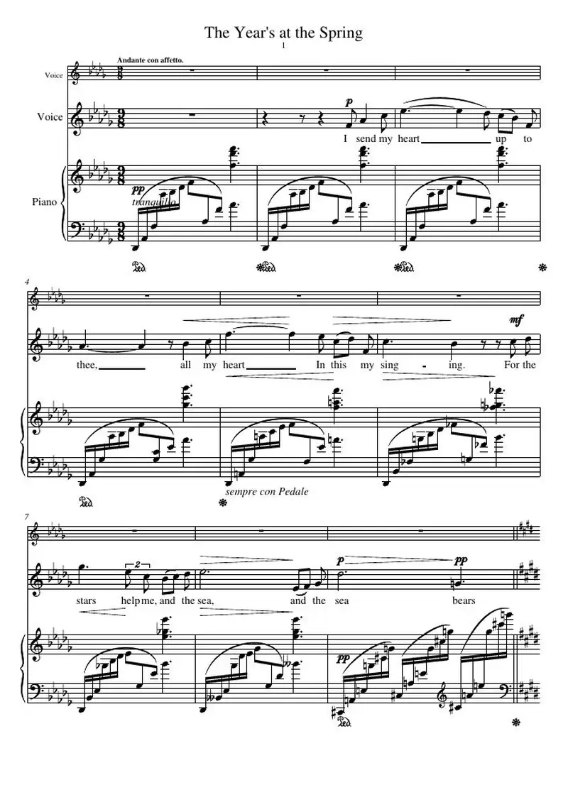 Первая страница нот «The Year's at the Spring (3 Browning Songs, соч. 44)»