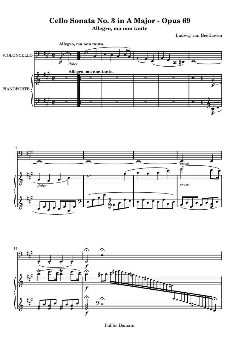 Первая страница нот «Cello Соната № 3 A мажор, соч. 69»