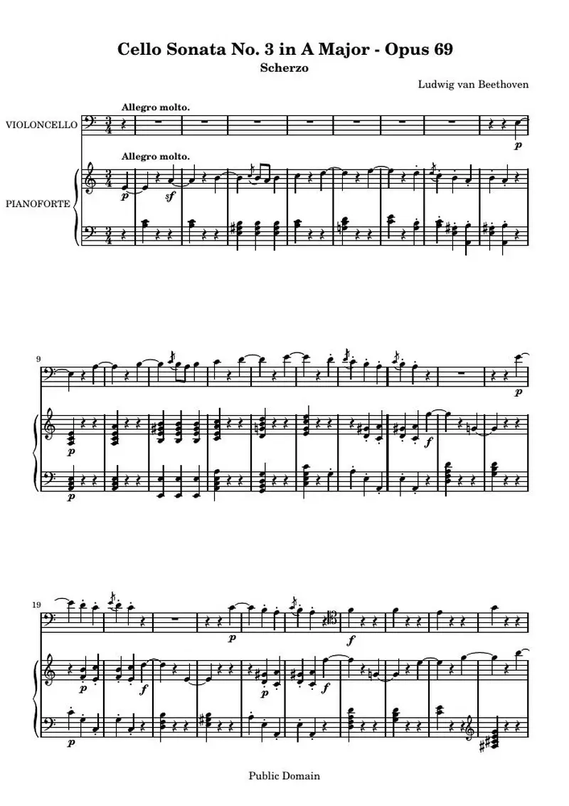 Первая страница нот «Cello Соната № 3 A мажор, соч. 69»