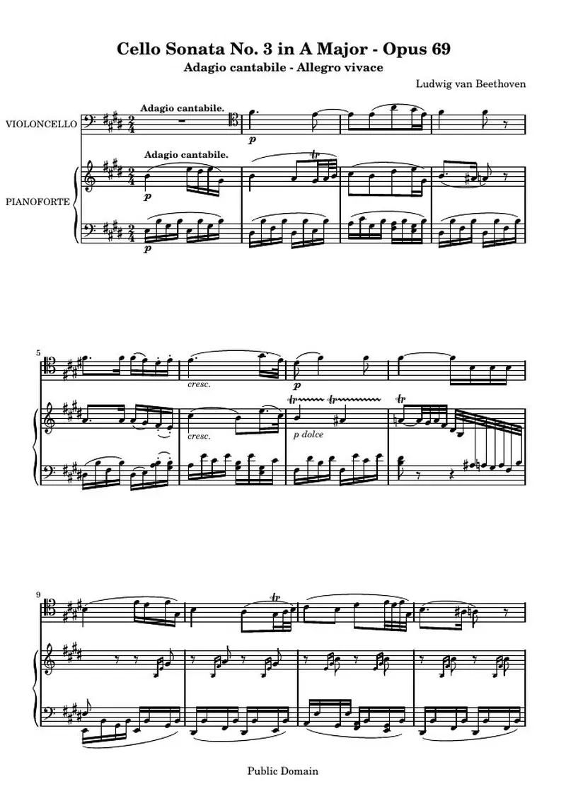 Первая страница нот «Cello Соната № 3 A мажор, соч. 69»