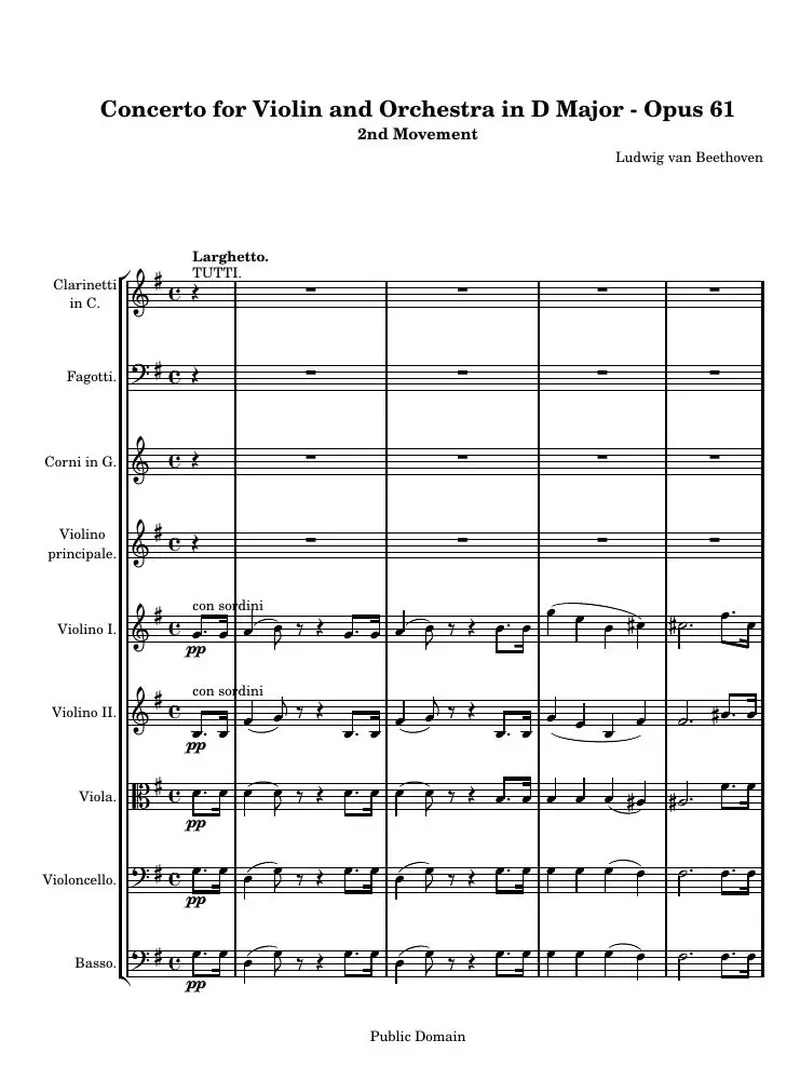 Первая страница нот «Концерт for Violin and Orchestra D мажор (2nd Movement)»