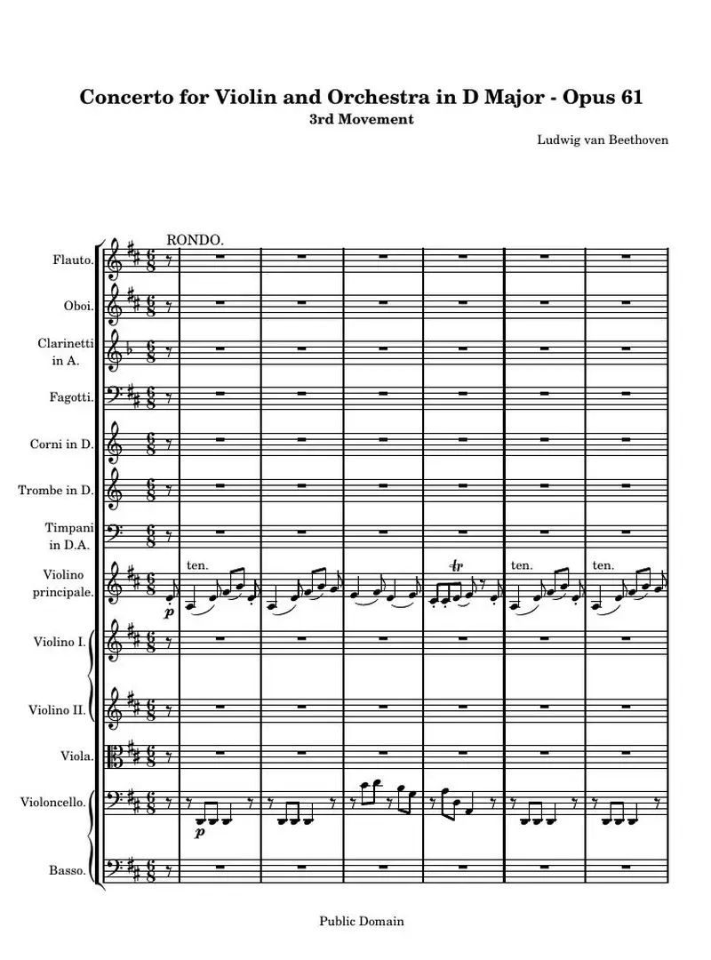 Первая страница нот «Концерт for Violin and Orchestra D мажор (3rd Movement)»