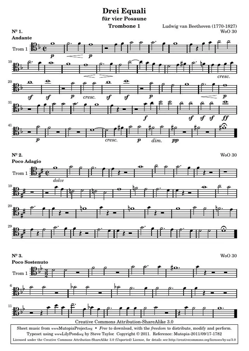 Первая страница нот «Drei Equali (WoO 30) — Part_Trombone1»
