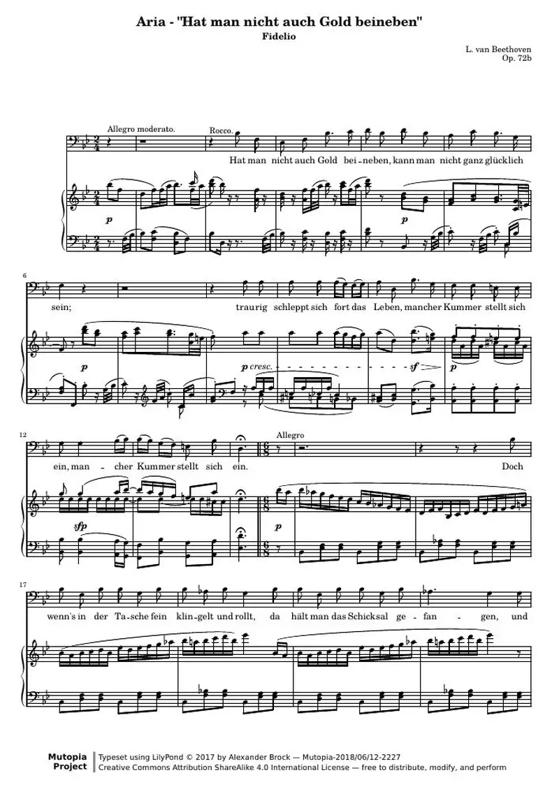 Первая страница нот «Fidelio Nr. 4 Aria - Hat man nicht auch Gold beineben»
