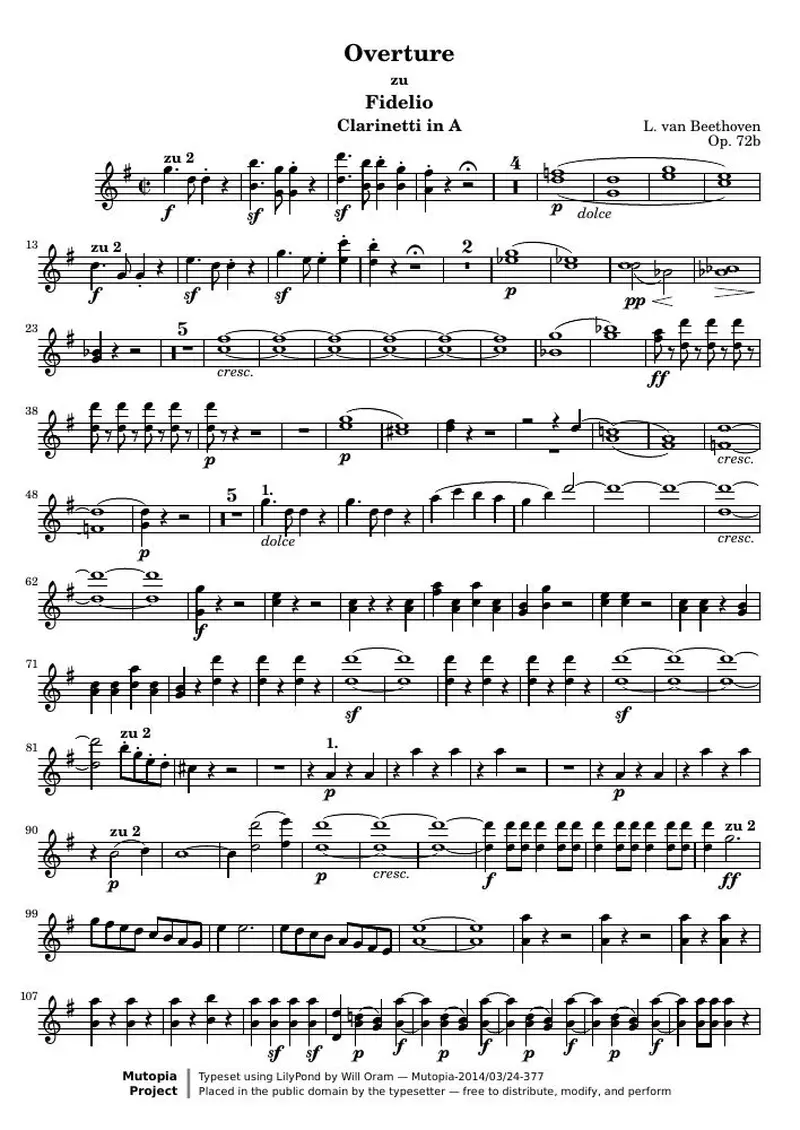 Первая страница нот «Fidelio Overture (соч. 72b) — clarinettiA_sc»