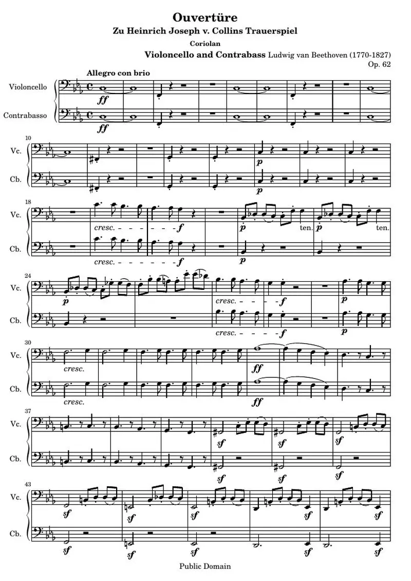Первая страница нот «Ouverture Coriolan (O62) — bassi-part»