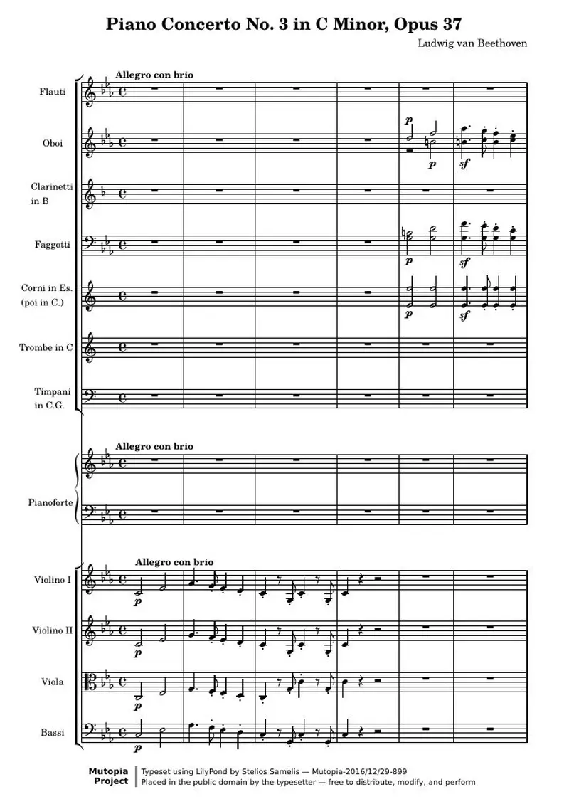 Первая страница нот «Piano Концерт № 3 C минор (1st Movement: Allegro con brio)»