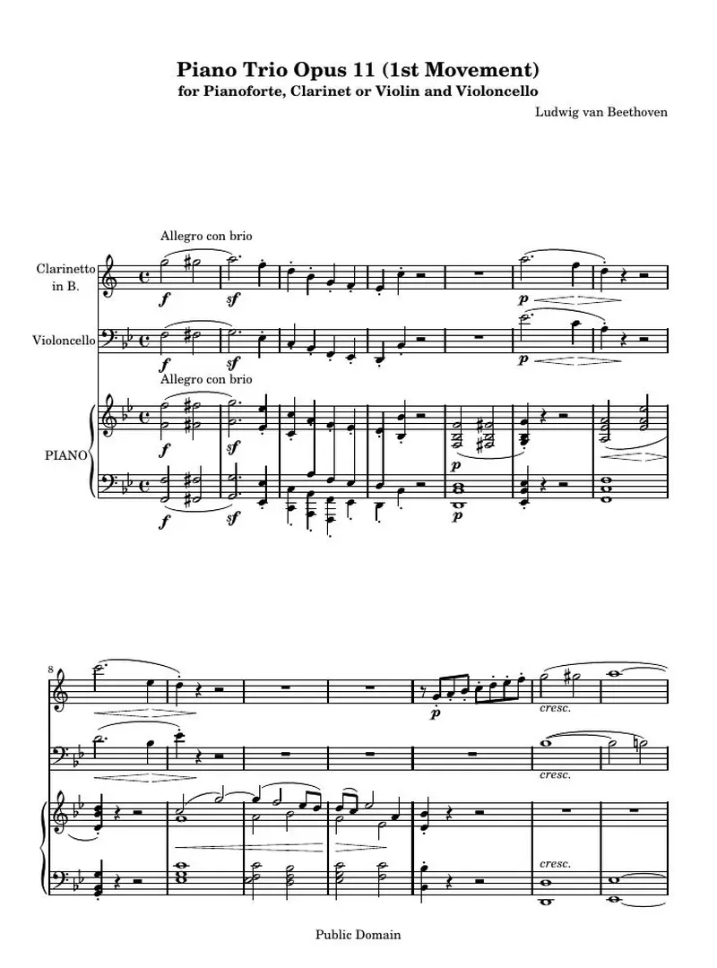 Первая страница нот «Piano Trio Opus 11 (1st Movement)»