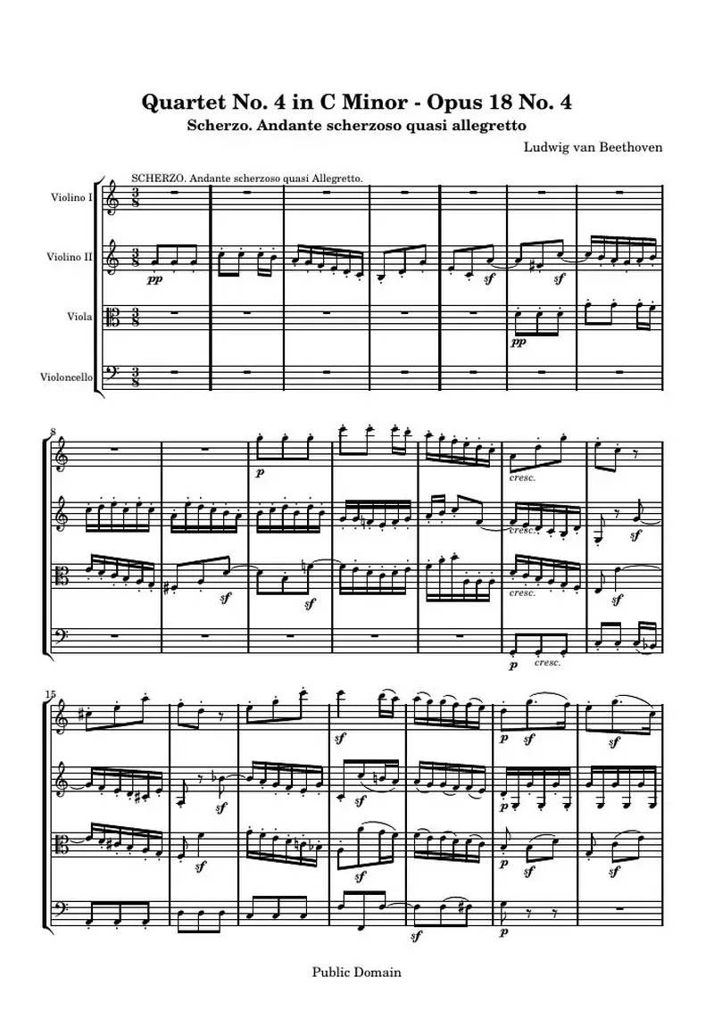 Первая страница нот «Квартет № 4 C минор: 2. Andante Скерцоso quasi allegretto»
