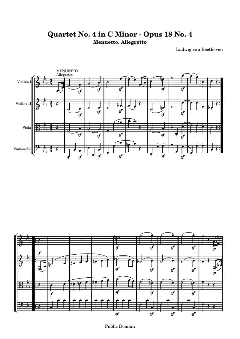 Первая страница нот «Квартет № 4 C минор: 3. Менуэтto. Allegretto»