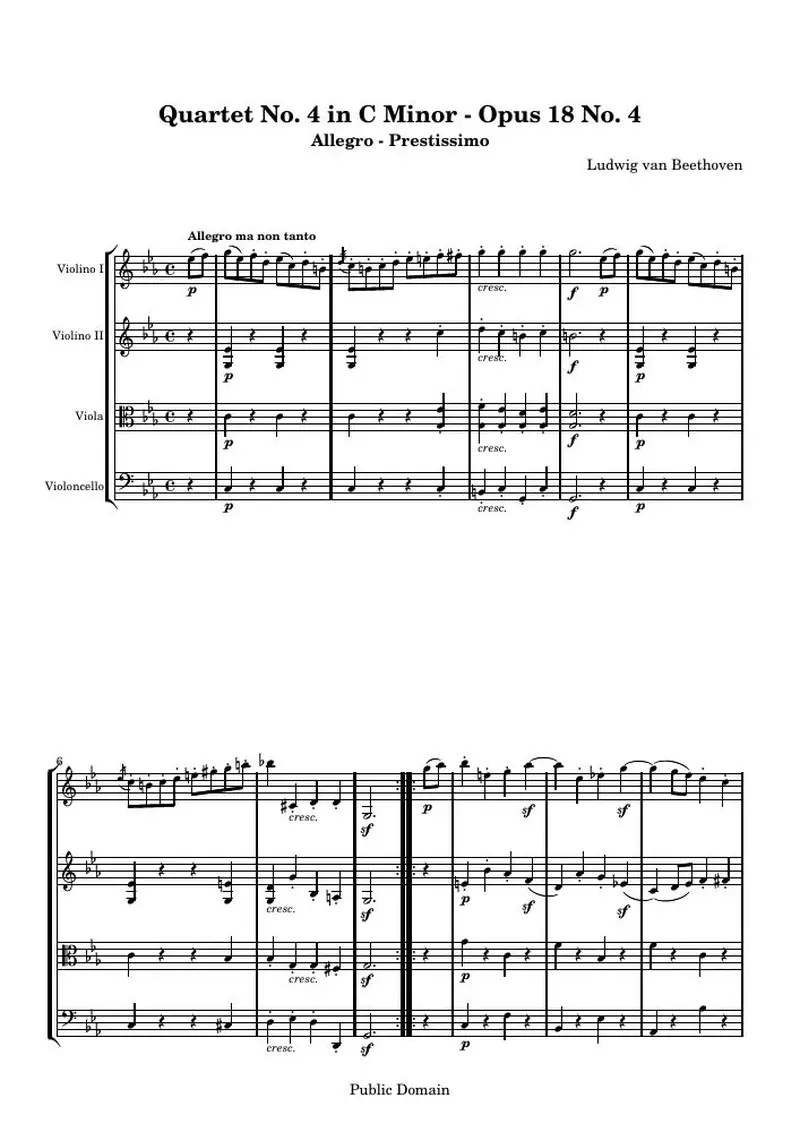 Первая страница нот «Квартет № 4 C минор: 4. Allegro - Prestissimo»
