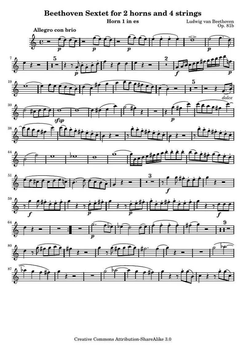 Первая страница нот «Sextet for 2 horns and 4 strings (соч. 81b) — horn1»