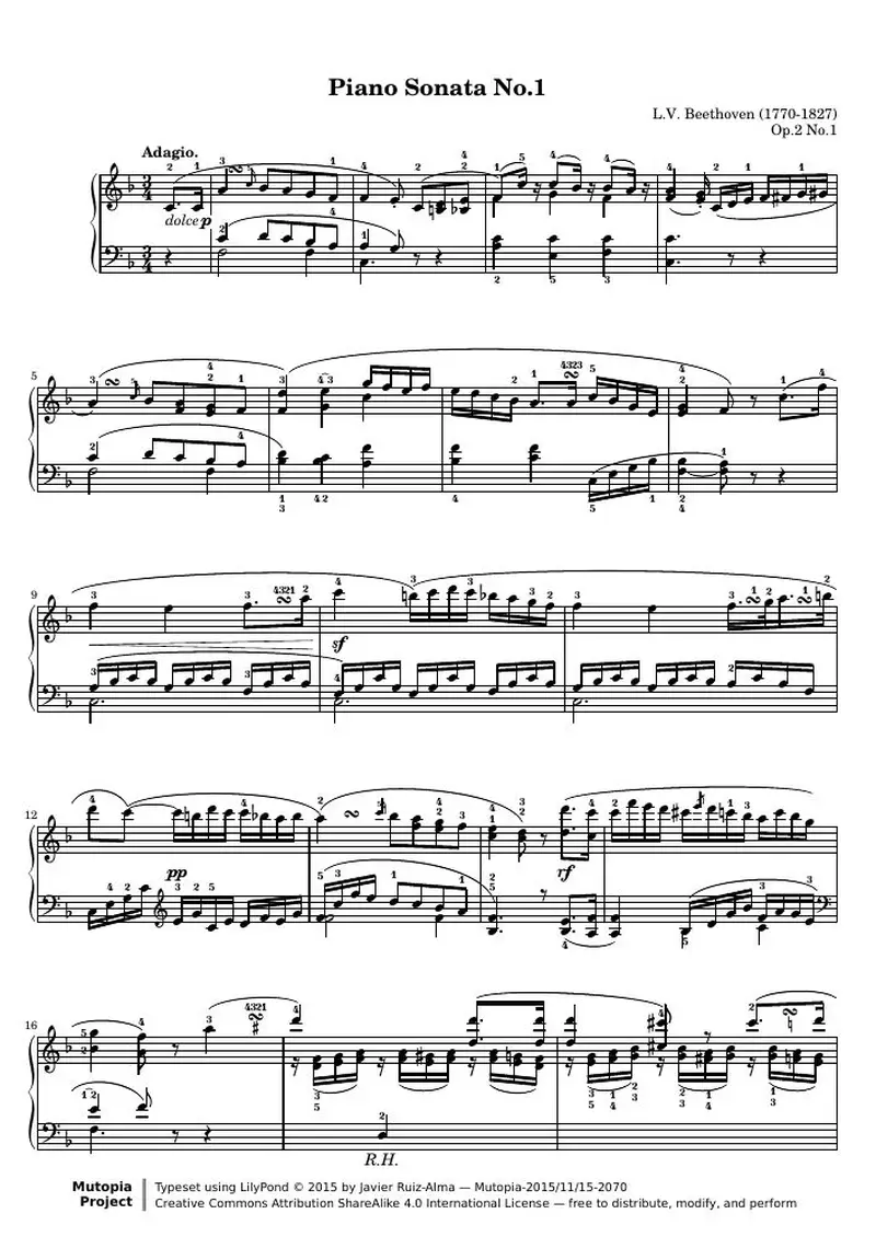 Первая страница нот «Соната № 1 (2nd Movement: Adagio)»