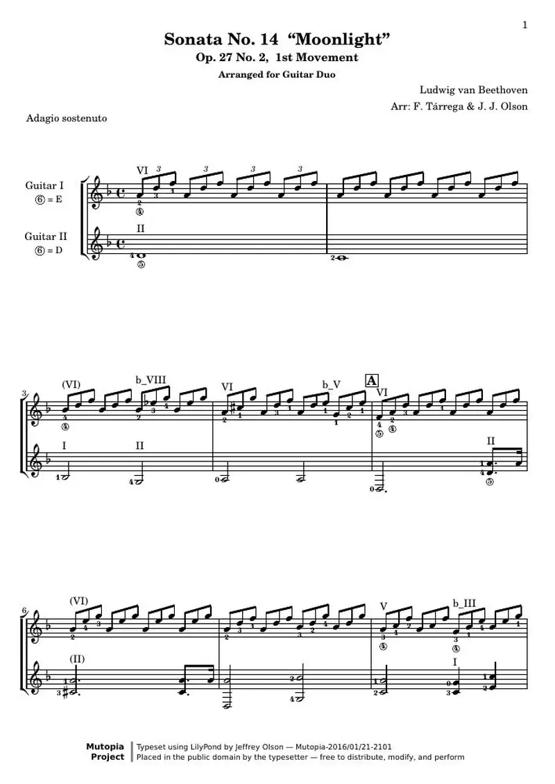 Первая страница нот «Соната № 14 «Лунная» (1st Movement: Adagio sostenuto)»