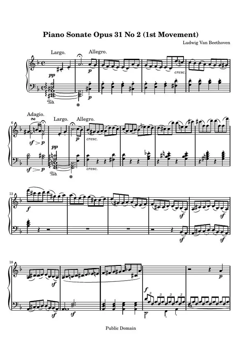 Первая страница нот «Соната № 17 (1st Movement: Largo - Allegro)»