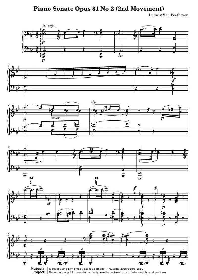 Первая страница нот «Соната № 17 (2nd Movement: Adagio)»