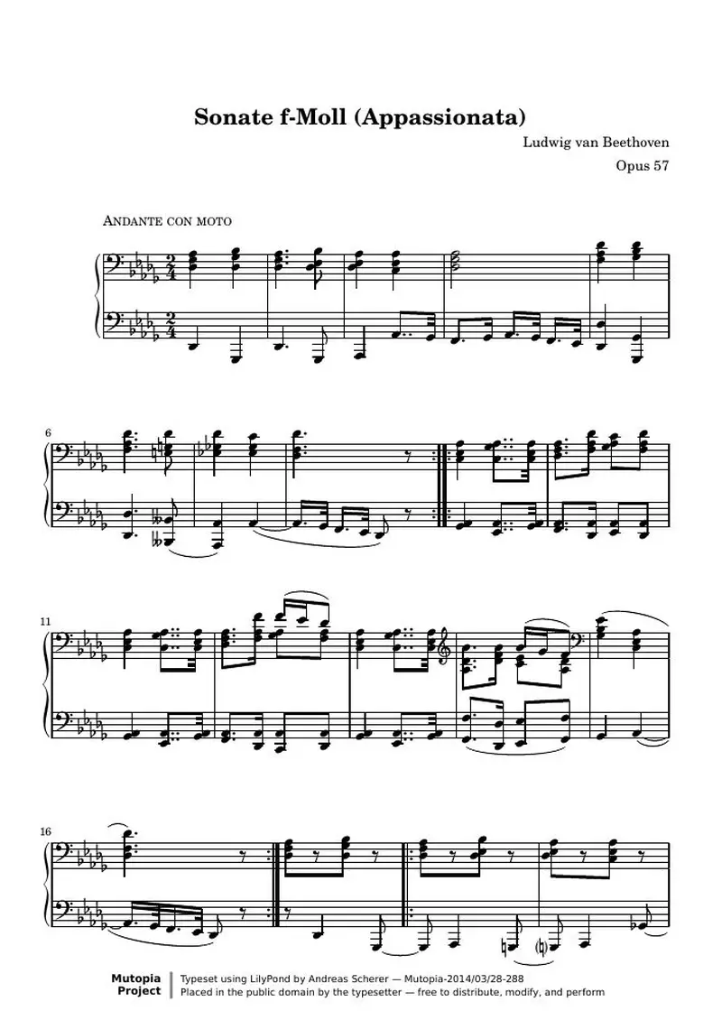 Первая страница нот «Соната № 23 “Appassionata” (2nd Movement: Andante con moto)»