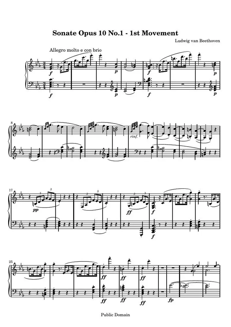 Первая страница нот «Соната № 5 (1st Movement: Allegro molto e con brio)»
