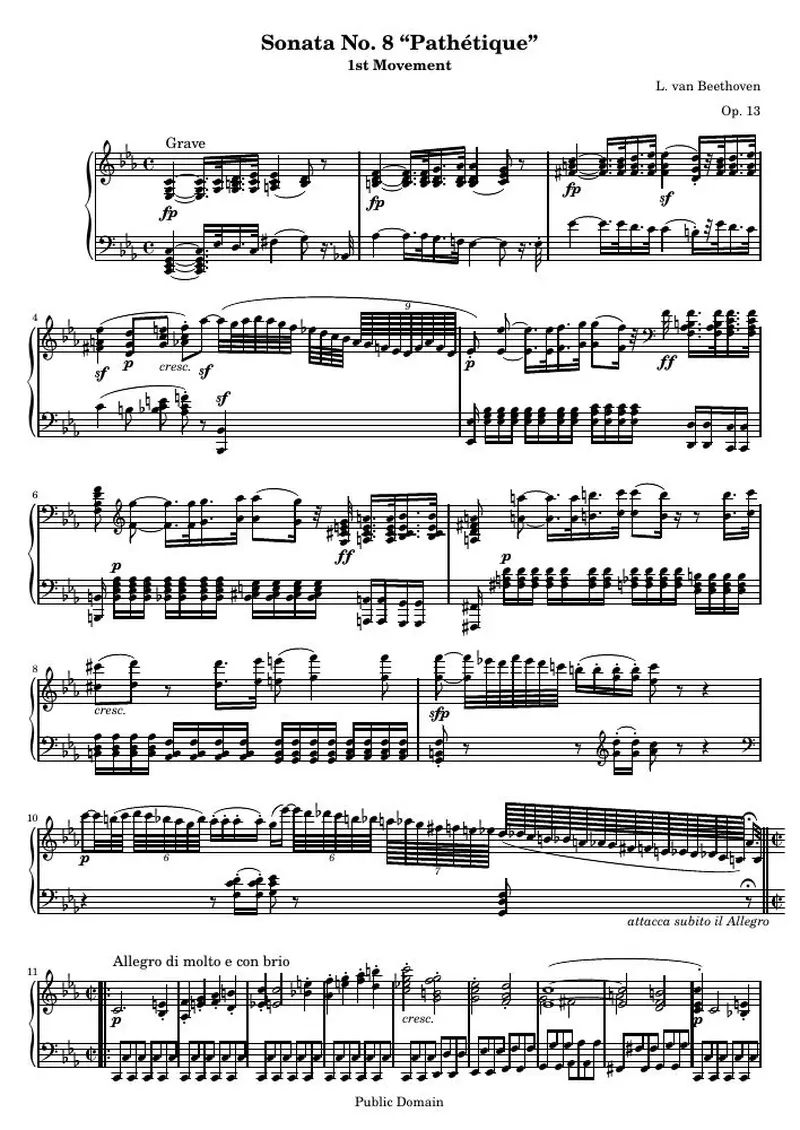 Первая страница нот «Соната № 8 «Патетическая» (1st Movement: Grave, Allegro molto e con brio)»