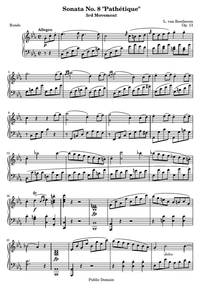 Первая страница нот «Соната № 8 «Патетическая» (3rd Movement: Рондо)»