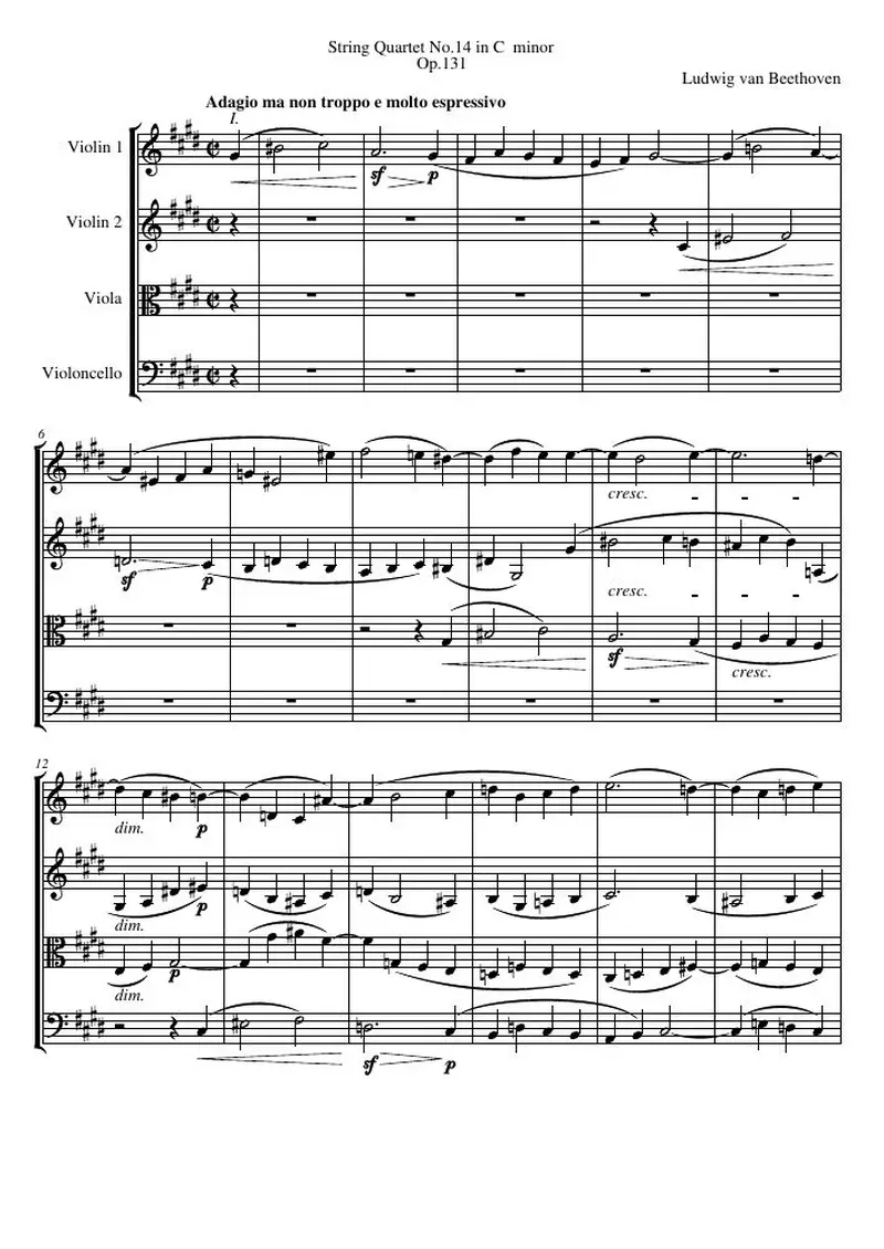 Первая страница нот «Струнный квартет №14 C♯ minor, соч.131»