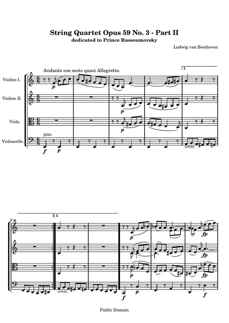Первая страница нот «Струнный квартет Opus 59 № 3 - Part II»