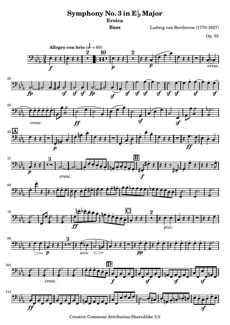 Первая страница нот «Symphony № 3 Eb мажор (Eroica) (соч. 55) — Bass»
