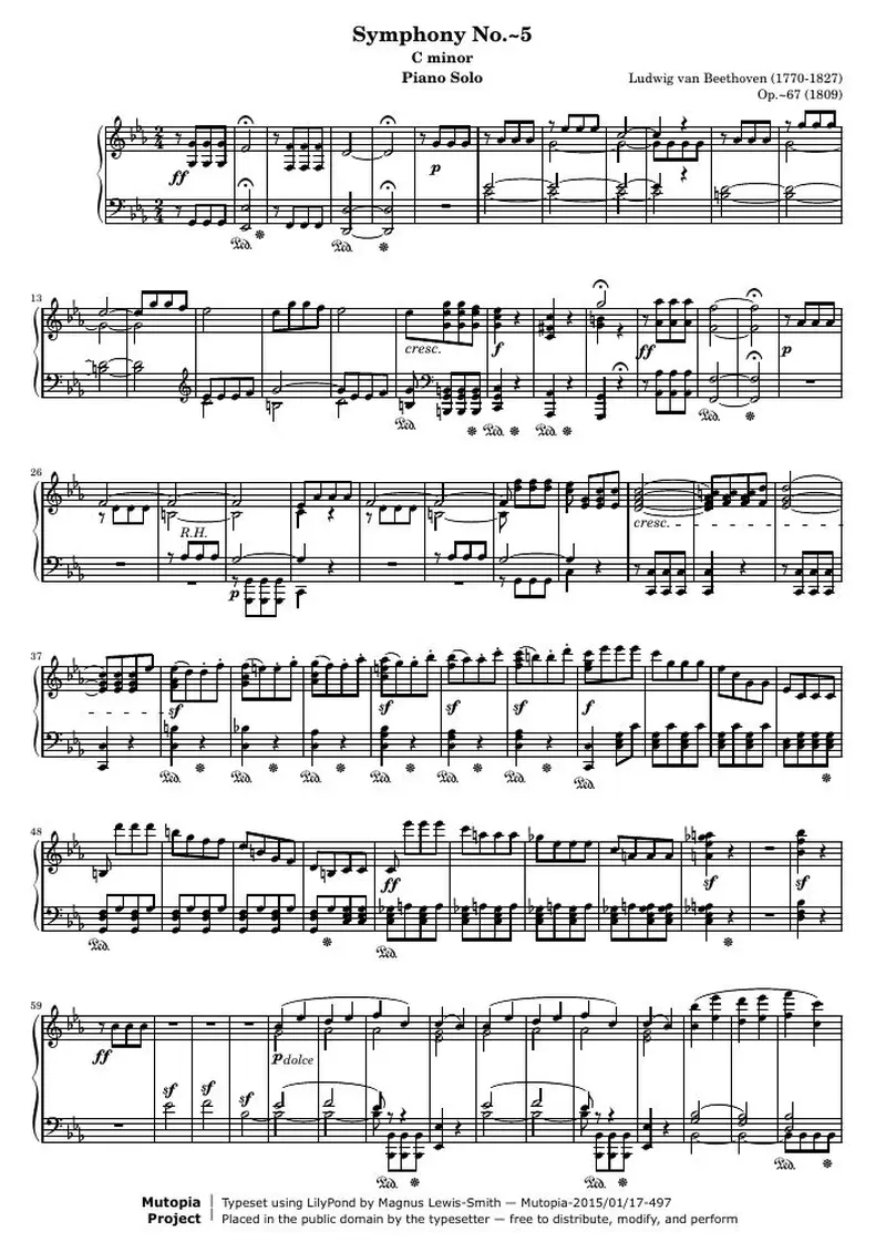 Первая страница нот «Symphony no. 5, Piano reduction»