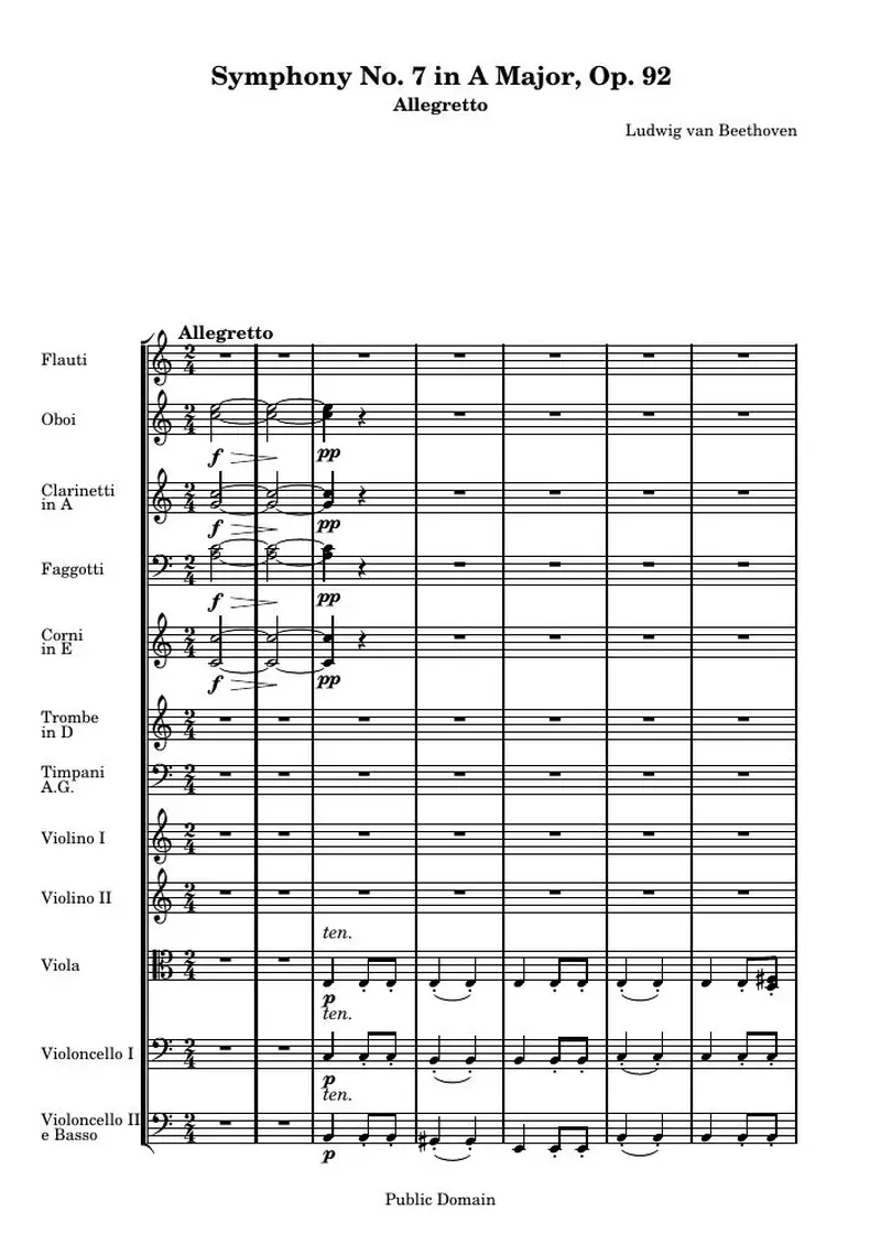 Первая страница нот «Symphony № 7 A мажор (2nd Movement: Allegretto)»