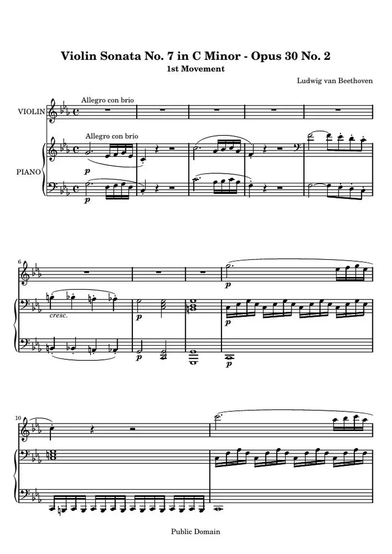 Первая страница нот «Violin Соната № 7 C минор, 1st Movement: Allegro con brio»