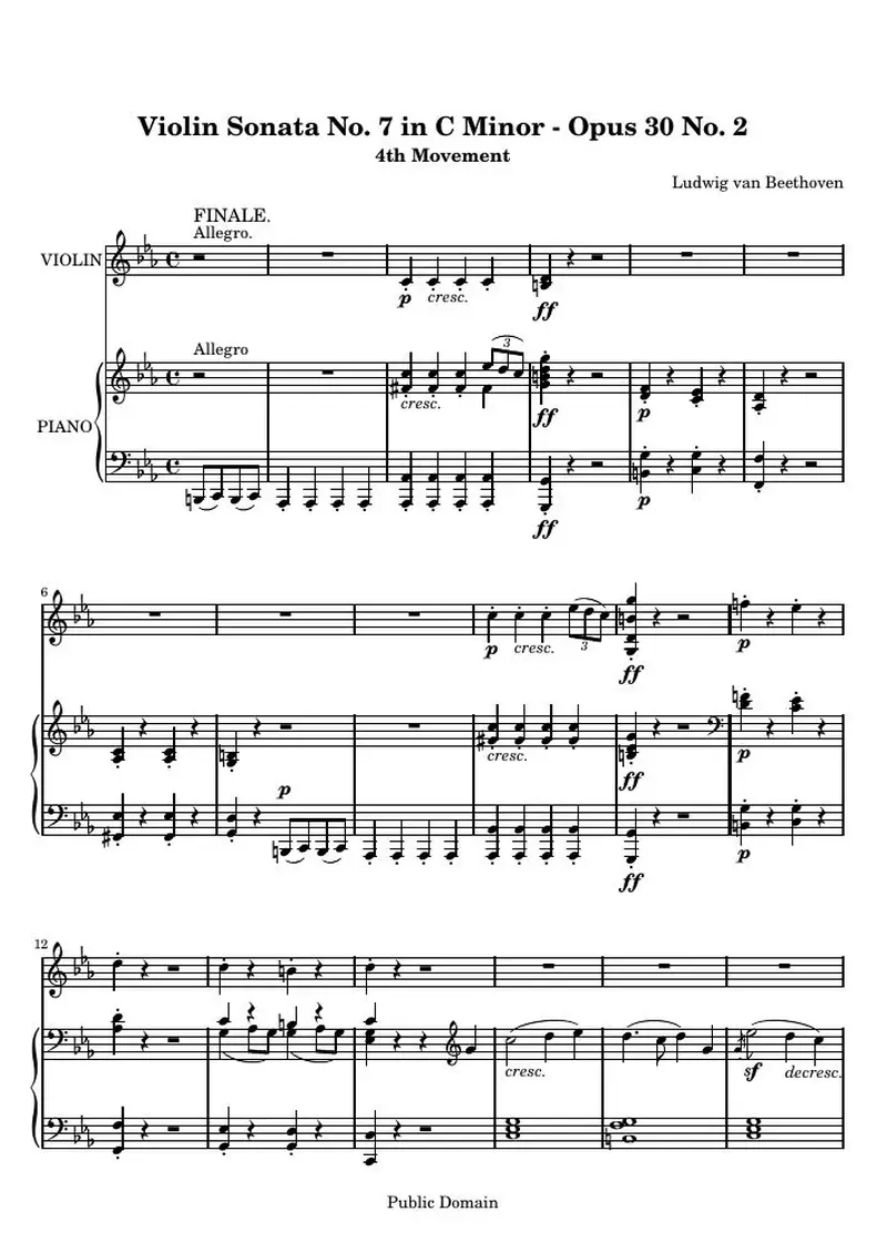 Первая страница нот «Violin Соната № 7 C минор, 4th Movement: Finale: Allegro»