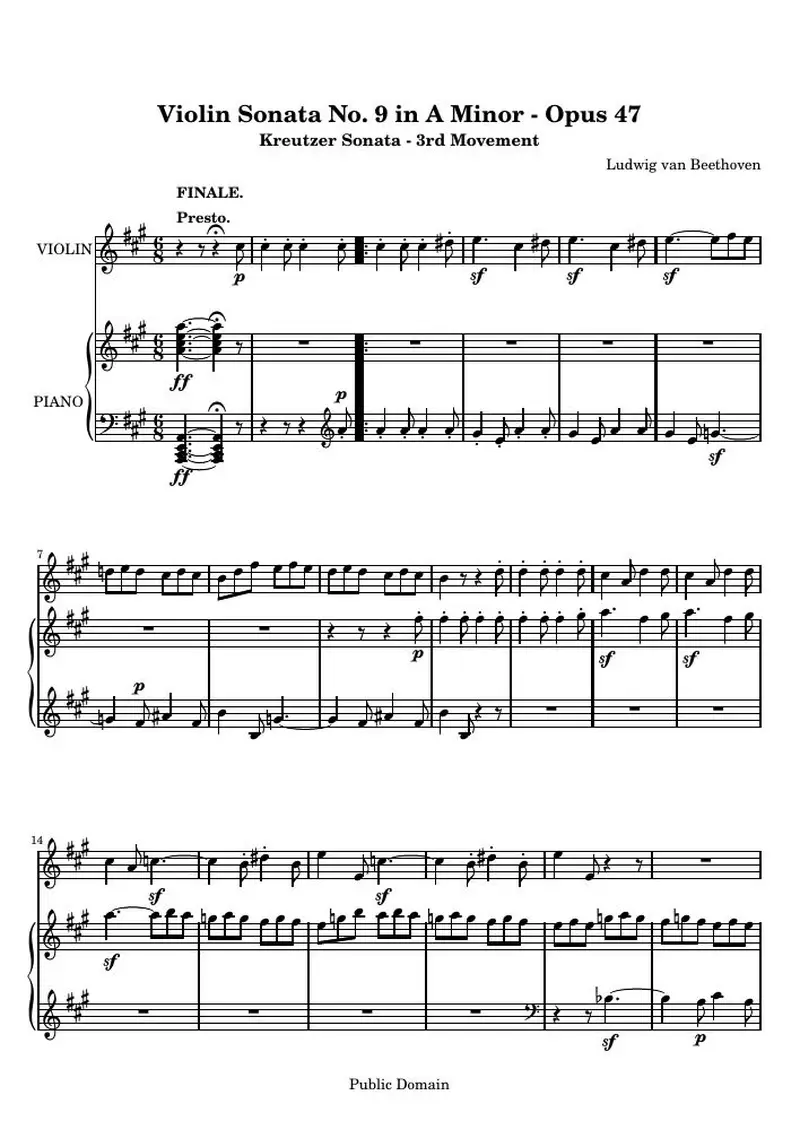 Первая страница нот «Violin Соната № 9 A мажор, 3rd Movement: Presto»