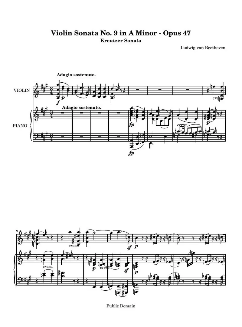 Первая страница нот «Violin Соната № 9 A минор, 1st Movement: Adagio sostenuto - Presto - Adagio»