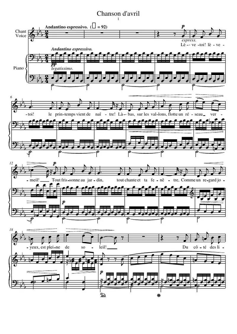 Первая страница нот «Chanson d'avril»