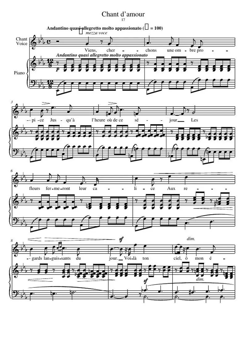 Первая страница нот «Chant d’amour»