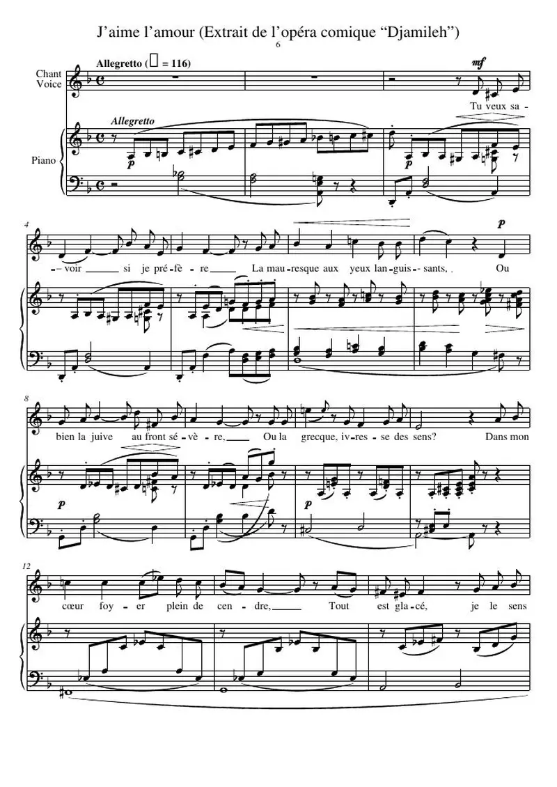 Первая страница нот «J’aime l’amour (Extrait de l’opéra comique “Djamileh”)»