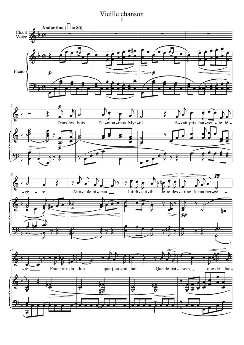 Первая страница нот «Vieille chanson»