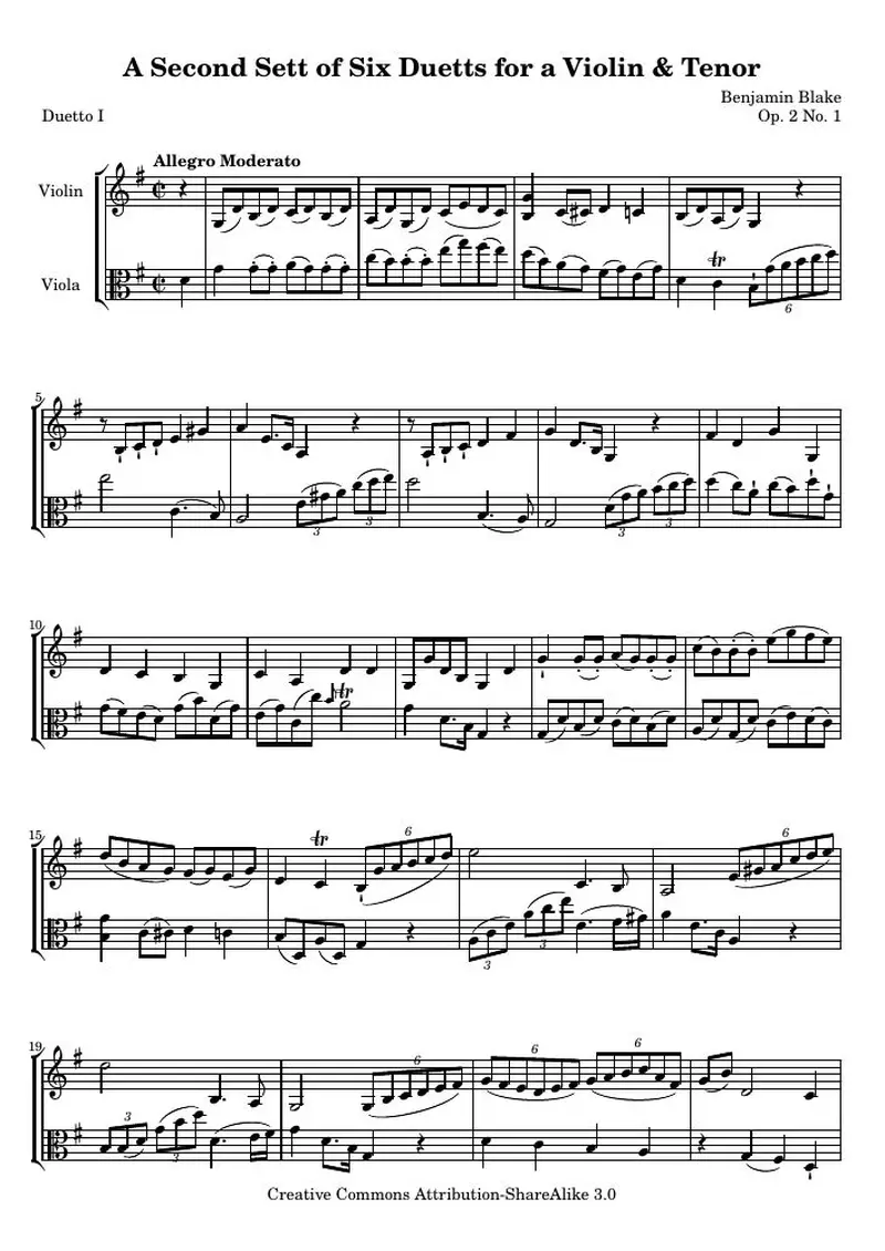 Первая страница нот «A Second Sett of Six Duetts for a Violin &amp; Tenor: № 1 (соч. 2 № 1) — bb_2_1_score»