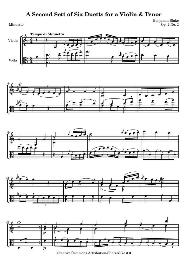 Первая страница нот «A Second Sett of Six Duetts for a Violin &amp; Tenor: № 2 (соч. 2 № 2) — bb_2_2_score»