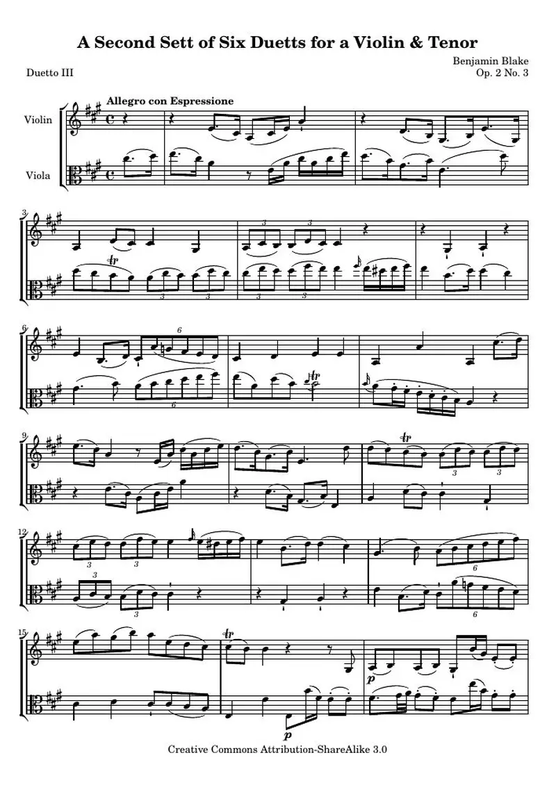 Первая страница нот «A Second Sett of Six Duetts for a Violin &amp; Tenor: № 3 (соч. 2 № 3) — bb_2_3_score»