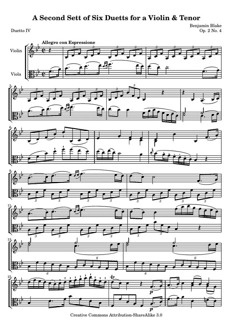 Первая страница нот «A Second Sett of Six Duetts for a Violin &amp; Tenor: № 4 (соч. 2 № 4) — bb_2_4_score»