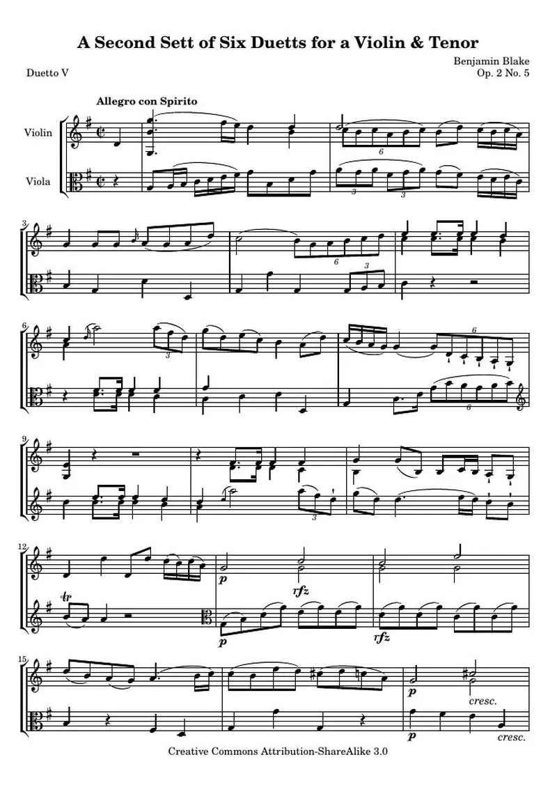 Первая страница нот «A Second Sett of Six Duetts for a Violin &amp; Tenor: № 5 (соч. 2 № 5) — bb_2_5_score»