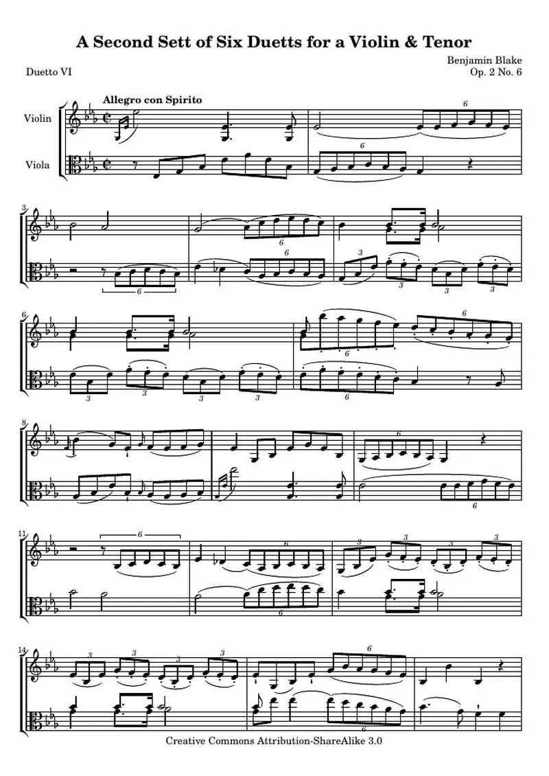 Первая страница нот «A Second Sett of Six Duetts for a Violin &amp; Tenor: № 6 (соч. 2 № 6) — bb_2_6_score»