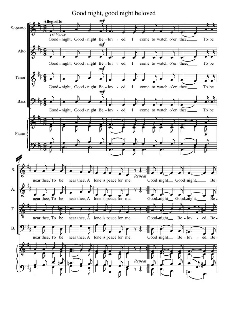 Первая страница нот «Good night, good night beloved»