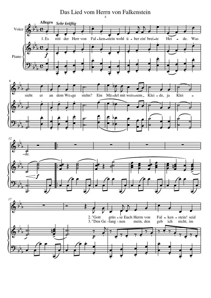 Первая страница нот «Das Песня vom Herrn von Falkenstein»