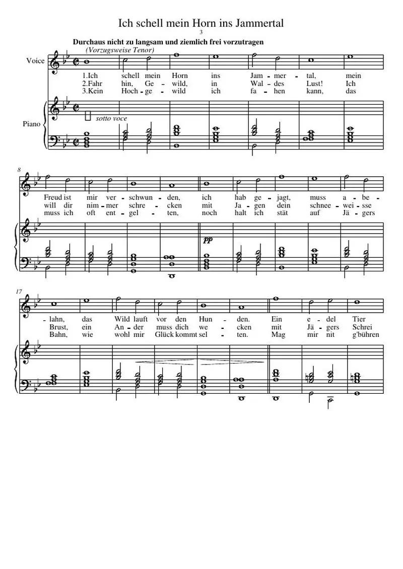 Первая страница нот «Ich schell mein Horn ins Jammertal»